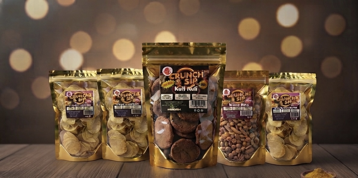Crunch & Sip snack lineup — plantain, potato, kuli kuli, kokoro and mixed nuts